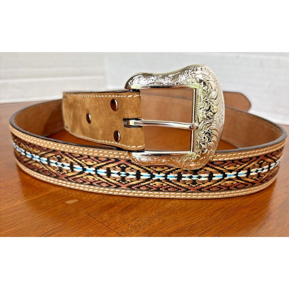 Nocona Leather Belt Men 42 Brown Turquoise Blue Embroidered Overlay N2474844